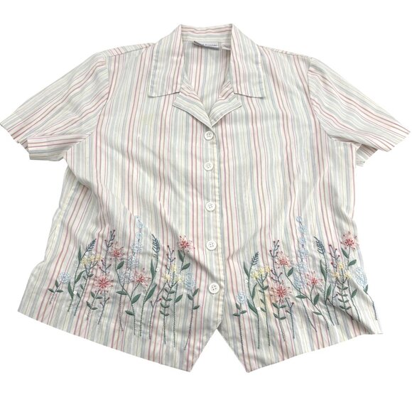 Alfred Dunner Petite Striped Floral Embroidered Button-Up Shirt 10P - Picture 1 of 4